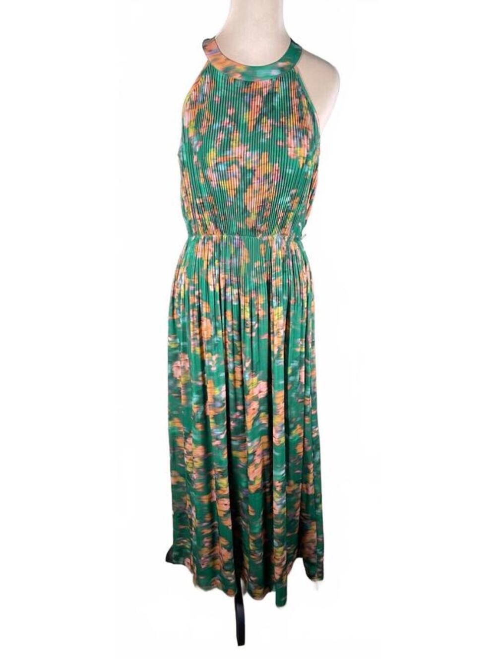 Les Serein Green Floral Pleated Halter Neck Maxi Dress Size S